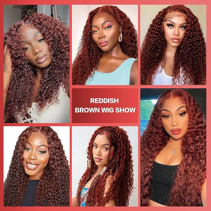 MEGOOD 13x4 Deep Wave Reddish Brown Lace Front Wigs Human Hair Reddish Brown Curly Human Hair Wig 200 Density 33# 13x4 HD Lace Frontal Wigs Human Hair Pre Plucked For Women Brown Wig 18 Inch