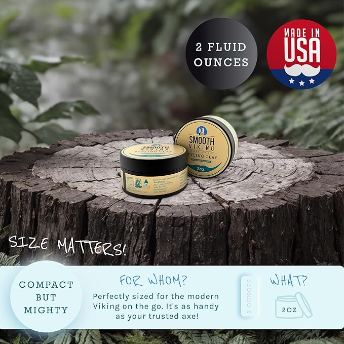 Smooth Viking Hair Clay for Men - Strong Hold Clay Pomade, Matte Finish, Oil-Free, Made in USA, All Hair Types, Natural Scent, Easy Wash Out, Thickening, Nourishing, 2oz