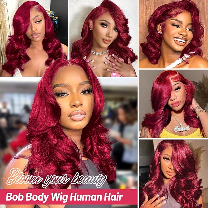 99j Burgundy Lace Front Wigs Human Hair 13x4 Bob Wig Human Hair Pre Plucked 200 Density HD Transparent Body Wave Lace Front Wigs Human Hair Red Colored Short Bob Wig for Women with Baby Hair 16inch