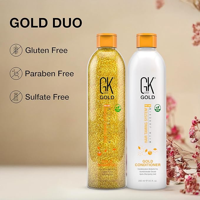 GK Hair Gold Shampoo and Conditioner Set for Daily Use Gentle Fragrance with Keratin Argan Oil Aloe Vera and Shea Butter Hydrates Adds Shine Reduces Frizz for Dry and Damaged Hair