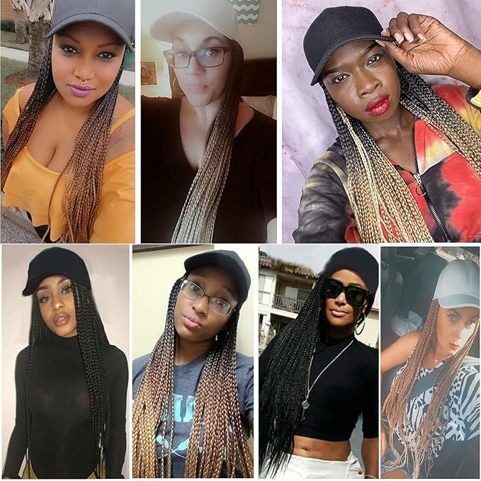 Hat Wig for Women Baseball Cap with Braided Hair Attached Synthetic Box Braid Wig Hat Adjustable Cap with ombre burgundy Braids for Daily Outdoor Halloween Use