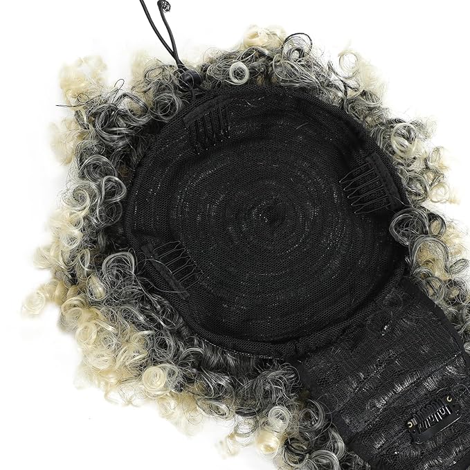 ENTRANCED STYLES Drawstring Ponytail with Bangs - Afro Puff Extensions for Women, Short Curly Clip in Wrap Updo Hairpiece (T1B/613#)