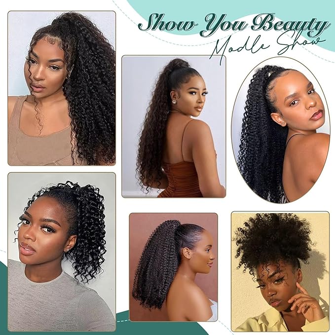 Ponytail Extension Human Hair Curly Ponytail Extension for Black Women 8 Inch #1B Natural Black Short Afro Puffs Hair Buns Drawstring Ponytail Human Hair