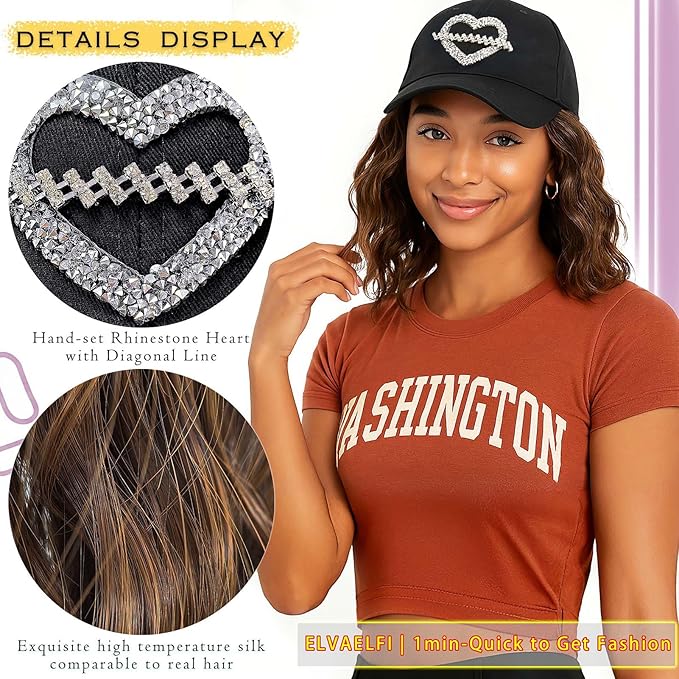 Short Bob Wigs for Women Ago 8-Inch, Hat with Hair Attached, Synthetic Brown Curly Baseball Cap Wig