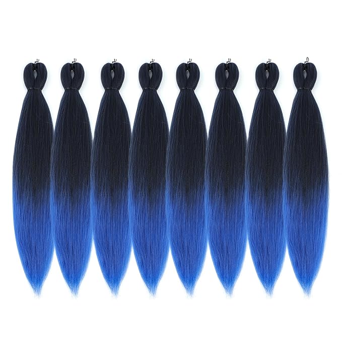 Pre-stretched Braiding Hair - 30 Inch 8 Packs Ombre Blue Braiding Hair For Twist or Box Braids, Yaki Texture Hot Water Setting Synthetic Super Long Braiding Hair (30 Inch, T-Blue-8P)