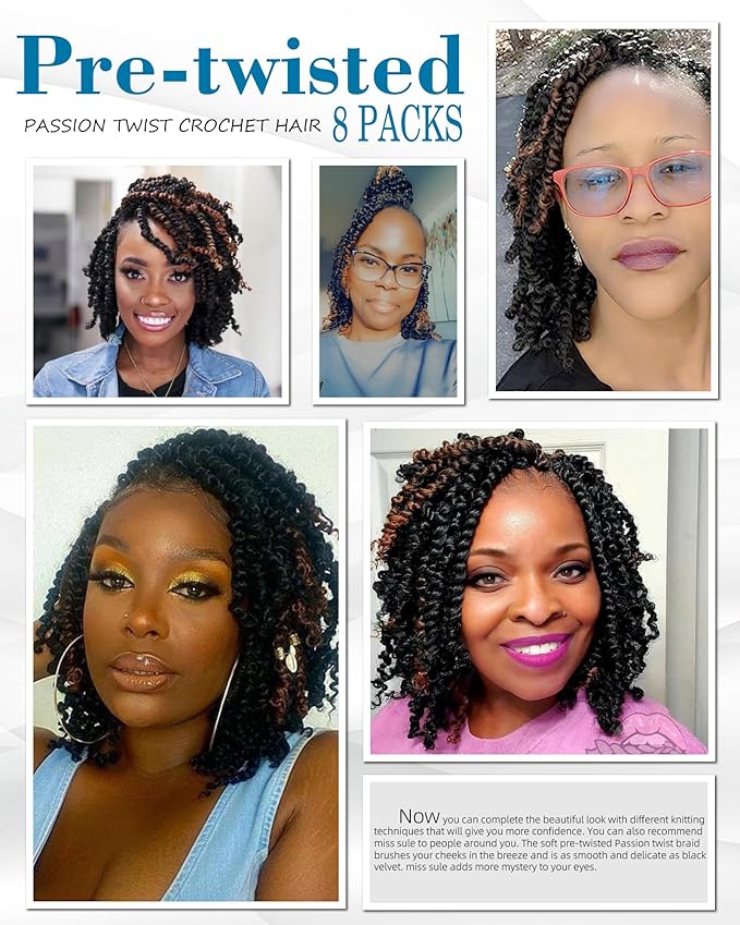 Passion Twist Crochet Hair-Mixed Color Combo Pack(6 packs 1B+2 packs T1B/30),Pre-twisted Pre Looped Synthetic Braided Hair Extensions For Black Women and Kids(10"-8 Packs,1B+T30)