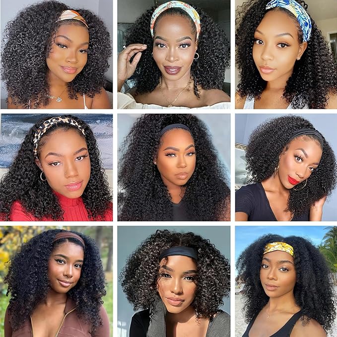 Aiterina Headband Wig Human Hair Kinky Curly Curly Human Hair Wigs for Black Women Glueless Human Hair Wigs Full Wig Machine Made Brazilian Real Hair Wigs 150% Density Natural Colour 20 inch