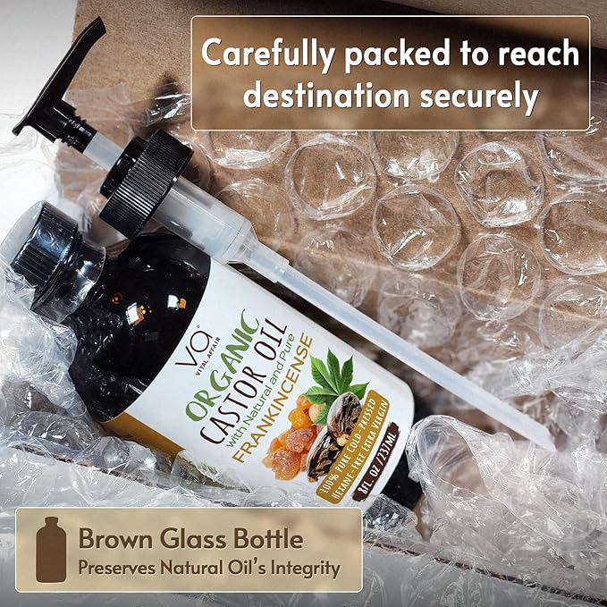 VITAL AFFAIR Organic Castor & Frankincense Oil Blend - 100% Pure and Natural, Cold Pressed, Unrefined Glass Bottle Castor and Frankincense Oil For Face & Hair Growth - 8oz