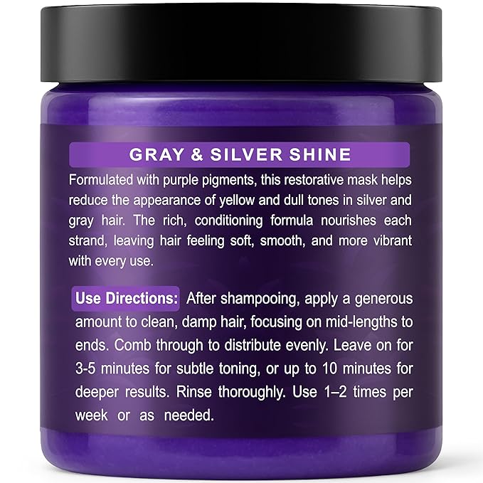 Deep Conditioning Silver Shine Purple Hair Mask for Gray Hair, Purple Toner for Brassy, Bleached, Silver, or Color Treated Hair, Restore Moisture & Brighten Dull Hair, Sulfate Free, Made in USA, 8oz
