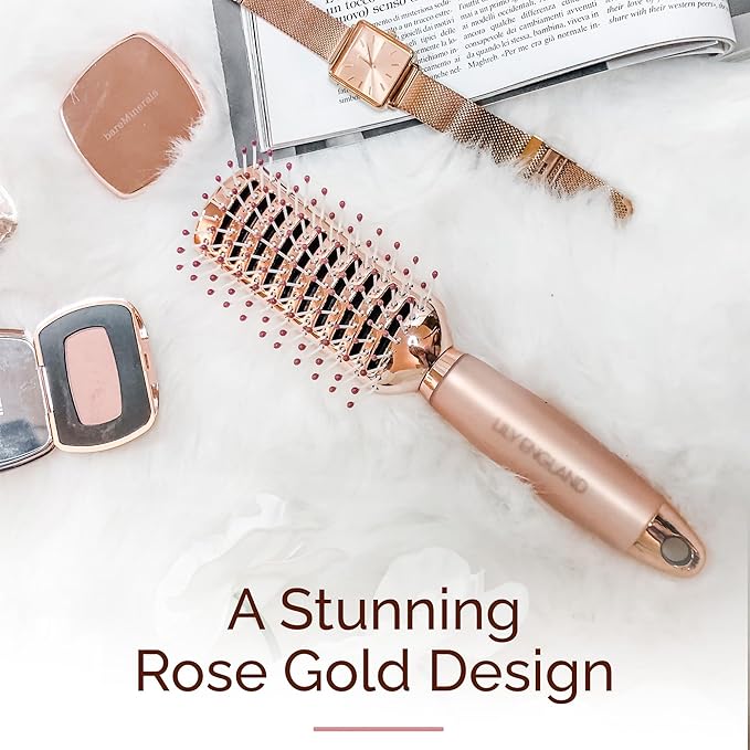 Lily England Vented Hair Brush for Blow Drying - Easy Detangling Hairbrush for Women for Fine, Thick, Curly Hair with Non-Slip Gel Handle - Static Free Vent Hair Brushes for Faster Drying, Rose Gold