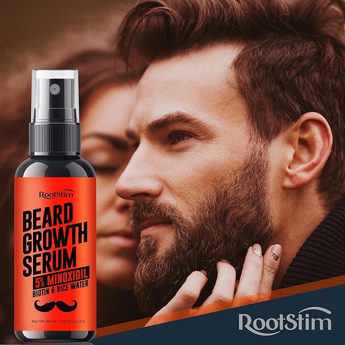 5% Minoxidil Beard Growth Serum for Men: Hair Regrowth Spray with Biotin & Rice Water - Extra Strength Beard Oil for Faster Thicker and Fuller Beard Growth - 60ML