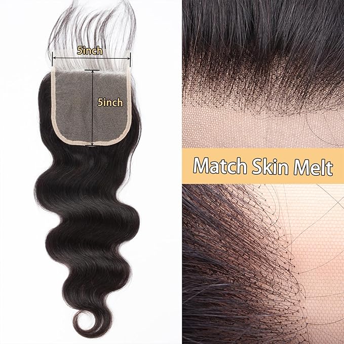12A Body Wave 3 Bundles with 5×5 HD Lace Closure (20 22 24+18") 100% Unprocessed Brazilian Virgin Body Wave Human Hair Weave Bundles with Closure Natural Color