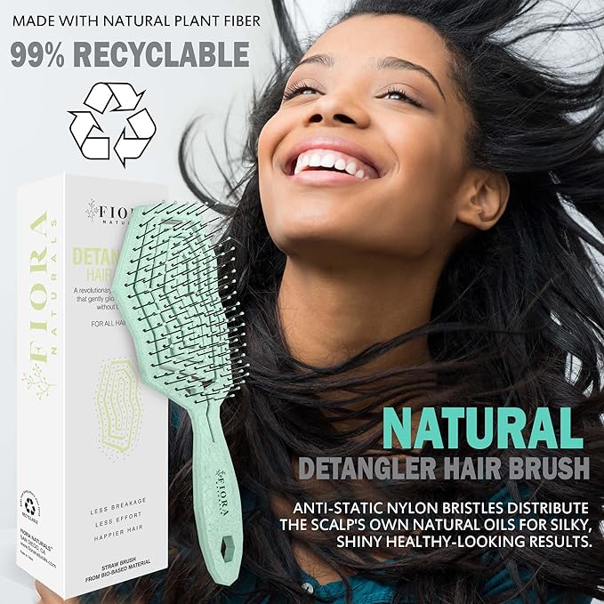 Fiora Naturals Hair Detangling Brush for Women - Detangler Hair Brush w/Flexible Soft Bristles- Gently Glides Through Tangles - Curly, Fine, Dry and Shower Wet HairBrush, cepillo para cabello - Green