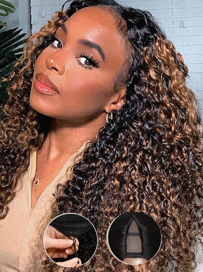 Julia Hair Highlight V Part Curly Wigs with Drawstring Balayage Brown Clip-In Half Wigs EasiContour Upgraded U Part Jerry Curly Glueless Human Hair Wig Beginner-Friendly Ready to Go 14 Inch
