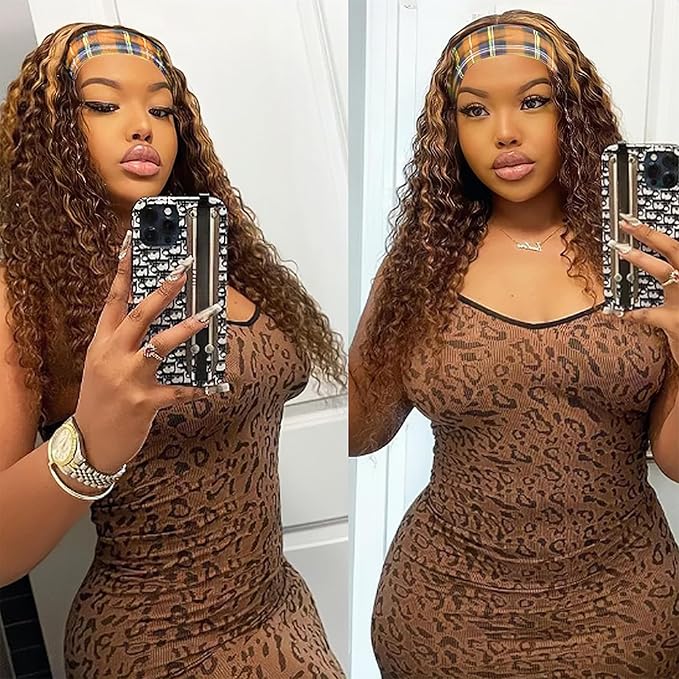 Ombre Curly Headband Wig Human Hair P4/27# Deep Wave Head band Wig for Women Brazilian Highlight Virgin Human Hair Headband Wig for Women 30 Inch