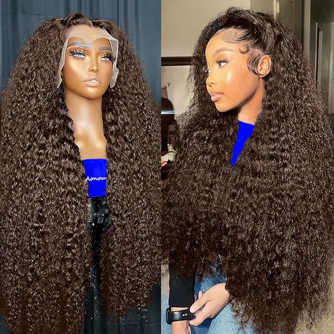 Full Deep Wave Lace Front Wigs Human Hair Chocolate Brown 220% Density 13x6 HD Lace Front Wigs Human Hair Pre Plucked Deep Curly Lace Frontal Wigs for Women Brazilian Virgin Hair 24inch
