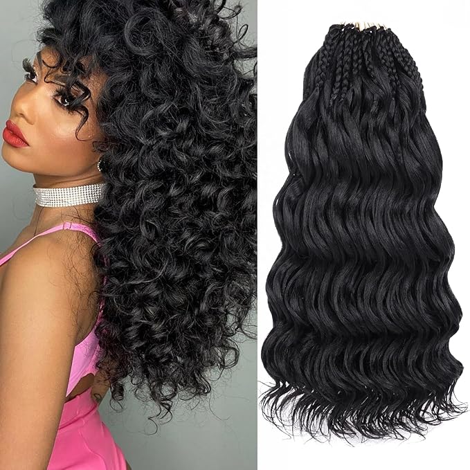 Leeven 14 Inch Pre Looped Ocean Wave Crochet Braids 8 Packs Black Short Curly Crochet Hair Boho Ocean Braids Pre Twisted Synthetic Deep Wavy Crochet Hair for Women