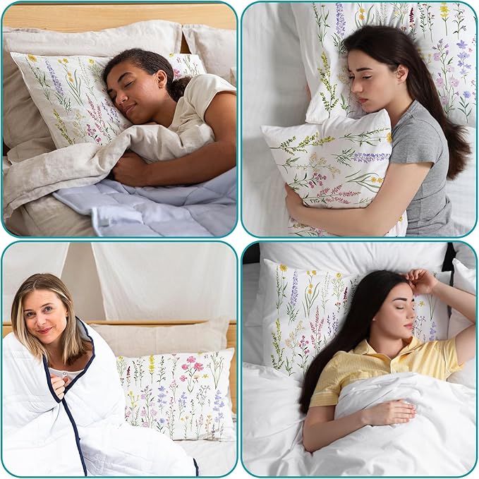 Satin Pillowcase Wildflowers and Plants Similar to Silk Pillow Cases for Hair and Skin, 1 Pack Soft Smooth Breathable Cool Pillow Cases, Queen Size with Hidden Zipper 20" x 30"