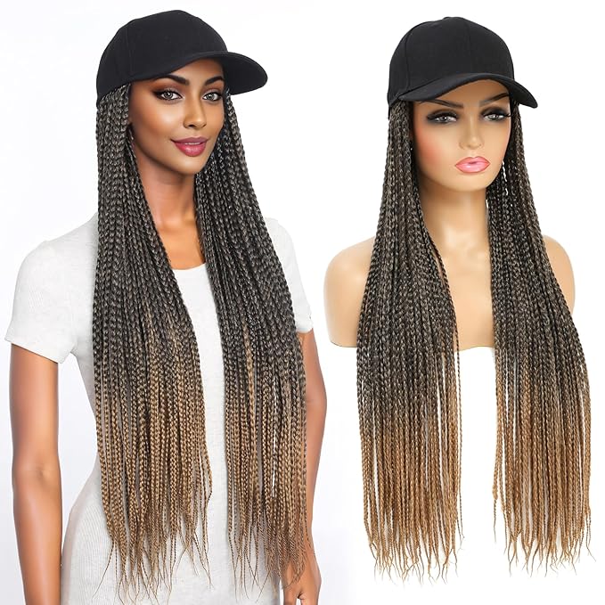 Hat Wig for Women Baseball Cap with Braided Hair Attached Synthetic Box Braid Wig Hat Adjustable Cap with ombre light brown Braids for Daily Outdoor Use(BL-T27)
