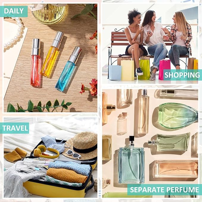 Zhehao 50 Pcs Mini Spray Bottles 5 ml Clear Glass Perfume Bottles Refillable Fine Mist Perfume Atomizer Portable Empty Sample Containers for Cleaning, Essential Oils, Travel (Silver Cap)