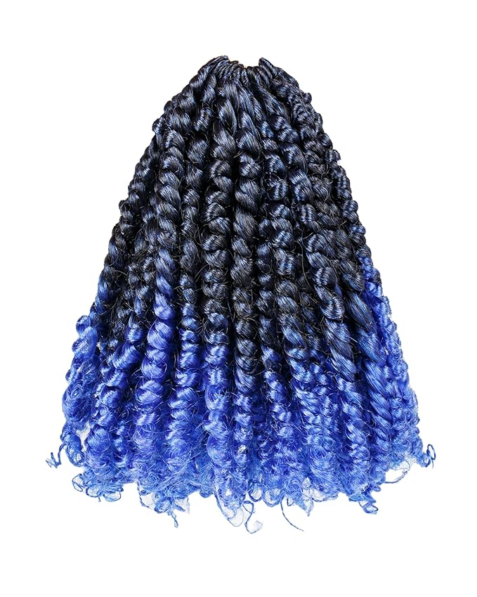 Pre-Twisted Passion Twist Crochet Hair for Black Women Passion Twist Hair Pre Looped Bohemian Braids 10 Inch 7 Packs Ombre Blue Short Bob Curly Braiding Hair Extensions(10"-7P,T1B/Blue)