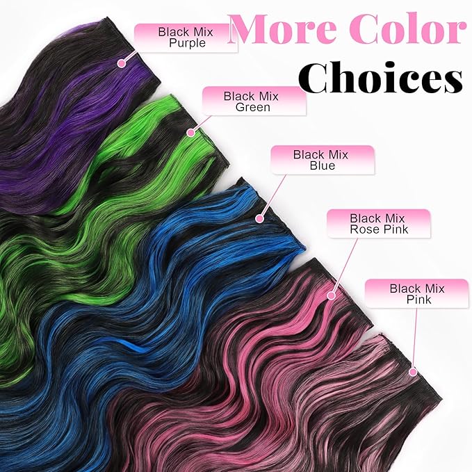 ALXNAN Clip in Long Wavy Synthetic Hair Extension 20 Inch Black Mix Green Highlights 4PCS Thick Hairpieces Fiber Double Weft Hair for Women