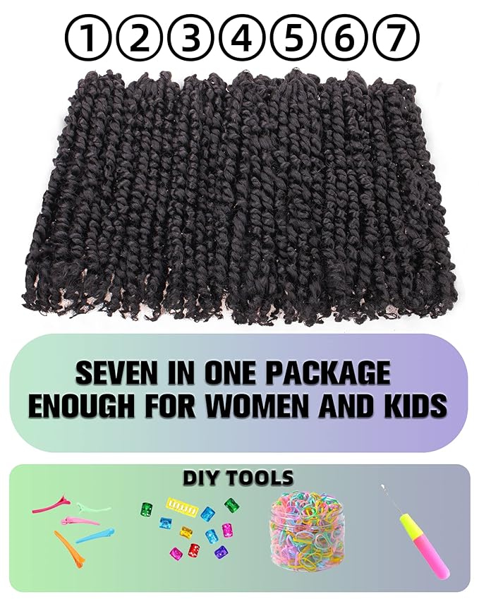 Pre-Twisted Passion Twist Crochet Hair for Black Women Passion Twist Hair Pre Looped Bohemian Braids 10 Inch 7 Packs Natural Black Short Bob Curly Braiding Hair Extensions(10"-7P,1B)