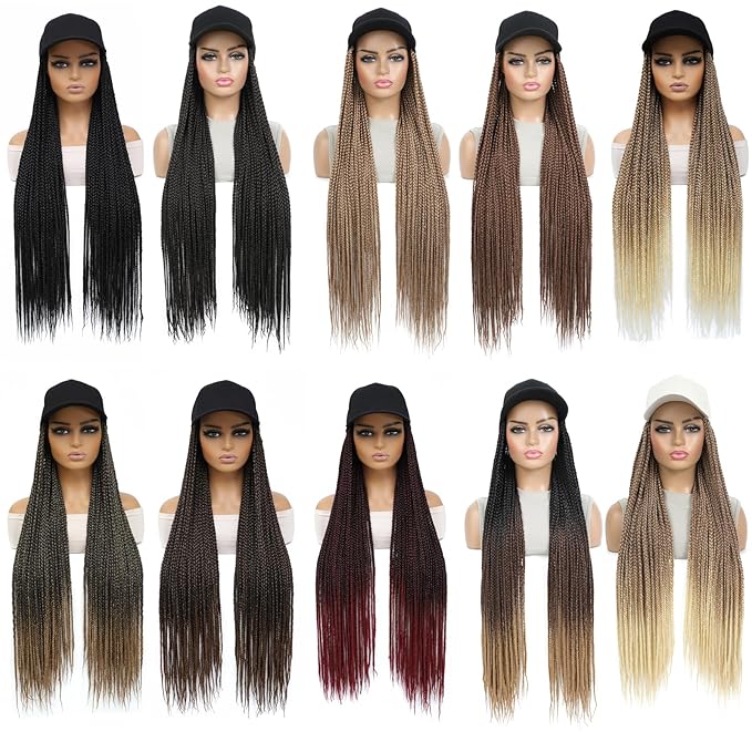 Braided Baseball Cap Wig Box Braid Hair Extensions with Hat golden brown Cap Wig with 30inch Long Synthetic Braiding Hair for Women (30in-27)