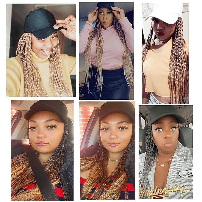 Hat Wig for Women Baseball Cap with Braided Hair Attached 24inch long Synthetic Box Braid Wig Hat Adjustable Cap with ombre brown blonde light blonde Braids for Daily Outdoor Use(B-70)