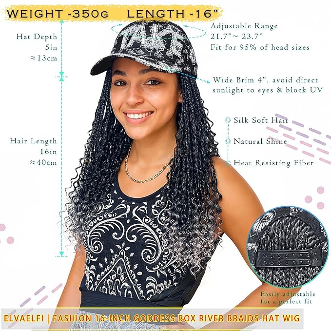 Hat Wig 16-Inch Crochet Goddess Braids Curly Ends, Ombre Dark Gray Boho Braids Crochet Hair Wigs for Women