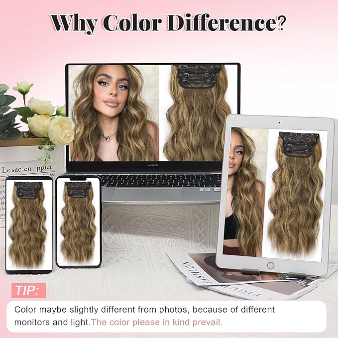 ALXNAN Clip in Long Wavy Synthetic Hair Extension 20 Inch Brown with Highlights 4PCS Thick Hairpieces Fiber Double Weft Hair for Women