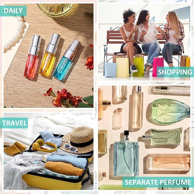 Zhehao 50 Pcs Mini Spray Bottles 3 ml Clear Glass Perfume Bottles Refillable Fine Mist Perfume Atomizer Portable Empty Sample Containers for Cleaning, Essential Oils, Travel (Silver Cap)