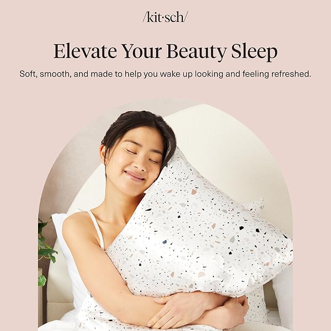 Kitsch Satin Pillowcase with Zipper for Hair & Skin, Softer Than Silk Pillow Cases Queen, Wrinkle-Free, Smooth and Cooling Satin Pillow Covers, Standard Size 19"x26", White Terrazzo