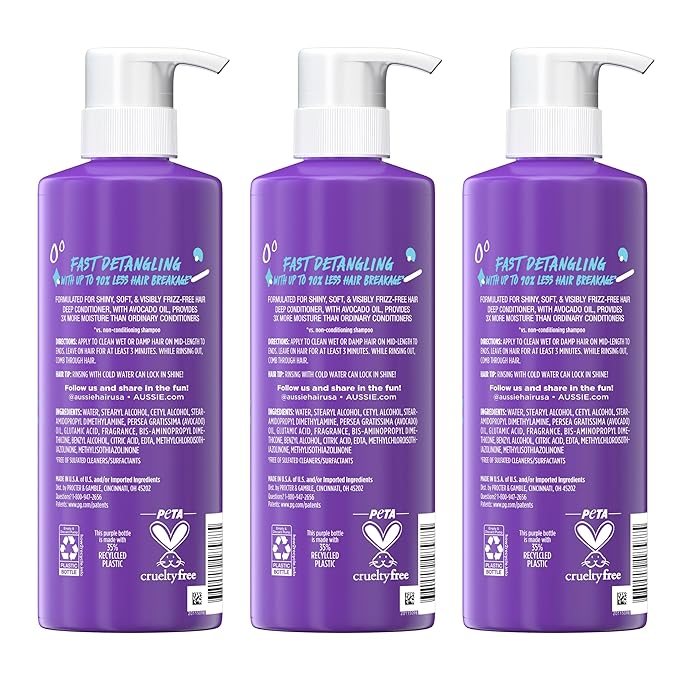 Aussie 3 Minute Miracle Moist Deep Conditioner for Dry Hair, Avocado & Jojoba Oil, Safe for Color Treated Hair, Nourishing Hydration, Silky Shine, Paraben-Free, 16 Fl Oz Each, Triple Pack