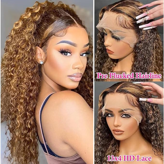 SENSAIRUITE Honey Blonde Deep Wave Lace Front Wigs Human Hair 13x4 Highlight Ombre Curly Lace Front Wig Human Hair 180% Density HD Transparent Glueless Lace Frontal Wigs Pre Plucked 18 Inch