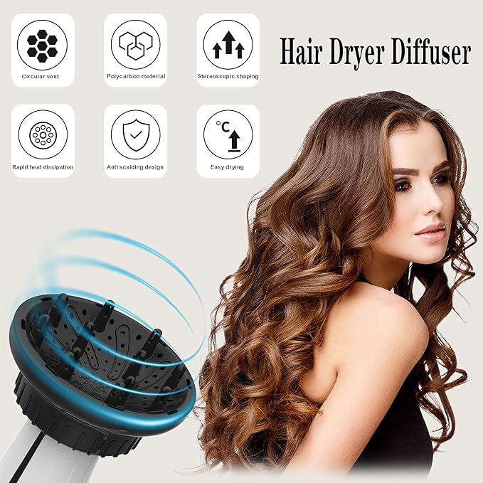 Diffuser Attachment for Hair Dryer,Hair Dryer Diffuser, Hair Diffuser Adaptable for Blow Dryers with D-1.4-Inch to 2.4-Inch for Curly or Wavy Hair,(Black)