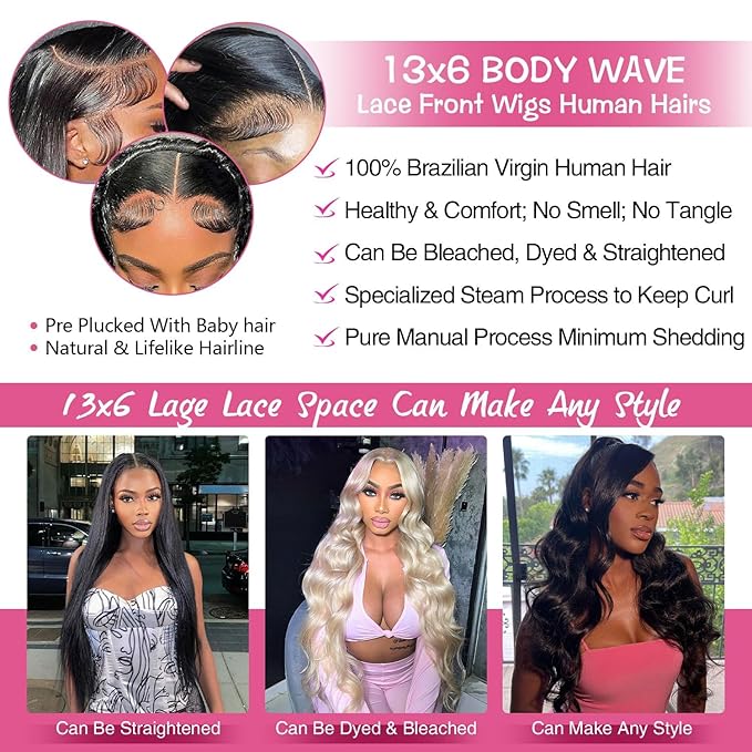 Full Body Wave Lace Front Wigs Human Hair Pre Plucked 220% Density 13x6 Glueless HD Lace Frontal Wigs Human Hair for Women Natural Color Brazilian Virgin Hair 22 Inch