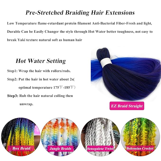 Pre Stretched Braiding Hair Ombre Black Purple Blue Braiding Hair Pre Stretched 26 inch 3 packs Colored Crochet Hair Extensions for Box Braids