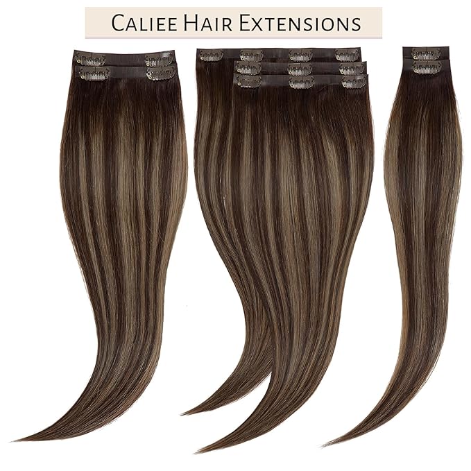 Caliee Seamless Hair Extensions Human Hair 20Inch Technology Invisi-PU Weft Clip in Hair Extensions R2-2-6 Chestnut Brown Mixed Dark Brown Thick Soft Silky Straight Hair Extensions for Women 110G 7Pcs