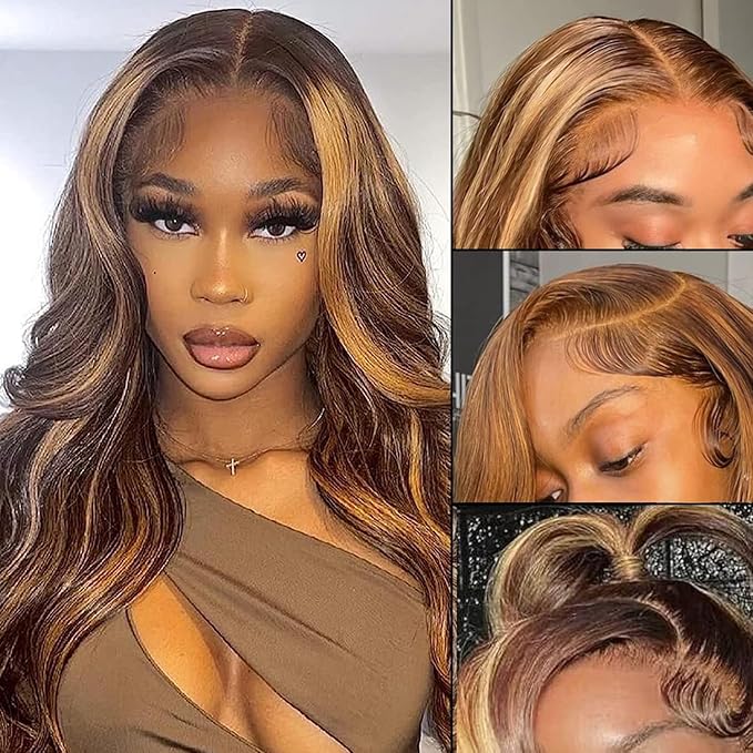 SENSAIRUITE Highlight Ombre Lace Front Wigs Human Hair Pre Plucked 180% Density 13x4 Body Wave Frontal Wigs Human Hair for Black Women 18 Inches