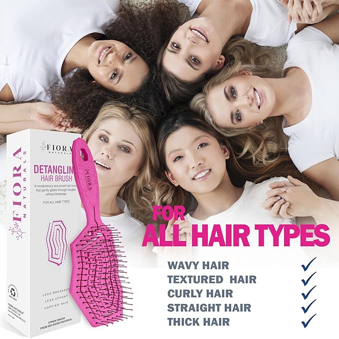 Fiora Naturals Hair Detangling Brush for Women - Detangler Hair Brush w/Flexible Soft Bristles- Gently Glides Through Tangles - Curly, Fine, Dry and Shower Wet HairBrush, cepillo para cabello - Pink
