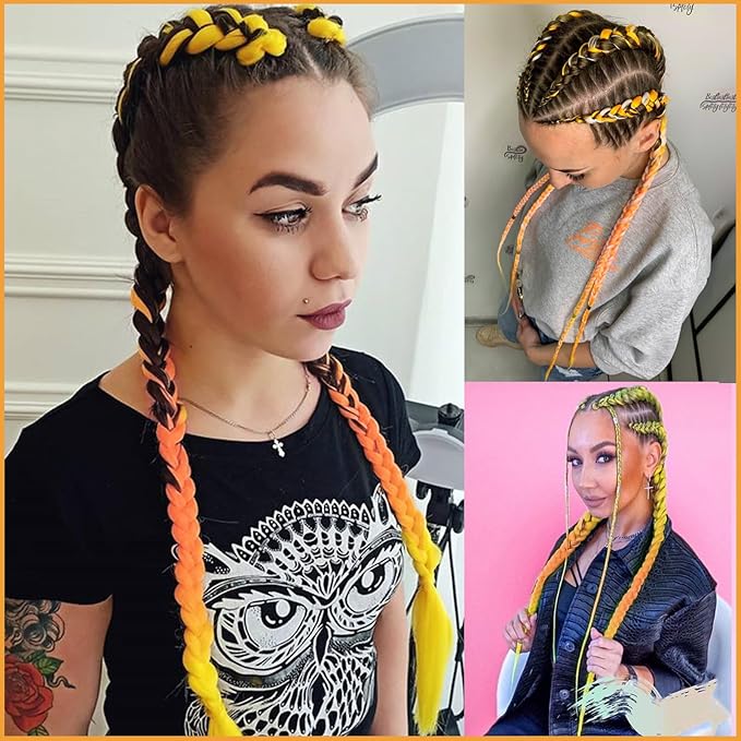 Yellow/Pink/Yellow Braiding Hair Pre Stretched 2 Packs Box Braids Hair Extensions 26 Inches Synthetic Pre Stretched Braiding Hair…