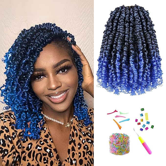 Pre Looped Pretwisted 6 Inches 8 Packs Passion Twist Crochet Hair for Black Women and Kids-Omber Blue,Soft Lightweight Hair Extension(6"-8 Packs,T1B/Blue)