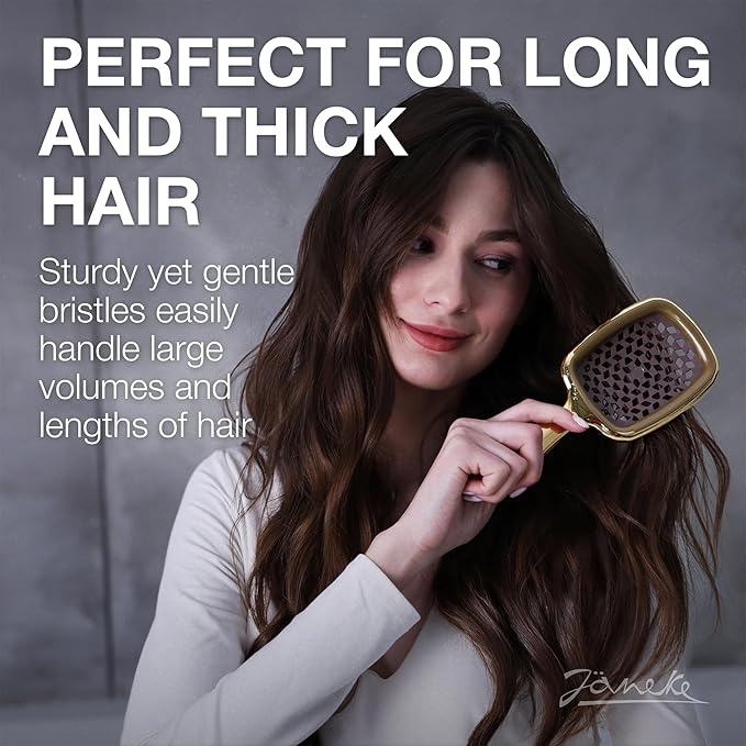Janeke Superbrush Detangling Brush for Soft Smoothing Hair Brushing with Anti-Static Bristles - Vented Wet Hair Brush for Blow Drying Use - Perfect for Curly, Thick, Wavy, Fine Hair Types (Gold)