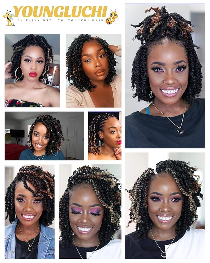Pre-Twisted Passion Twist Crochet Hair for Black Women 10 Inch 8 Packs Passion Twist Hair Pre Looped Bohemian Braids Short Bob Curly Crochet Braiding Hair Extensions Mix Color Combo Pack 1B+T27+T30