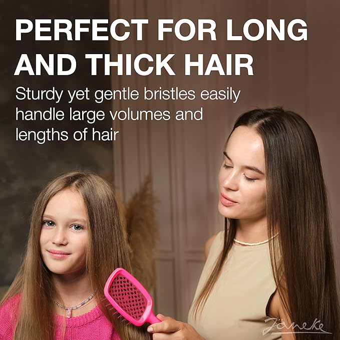 Janeke Superbrush Detangling Brush for Soft Smoothing Hair Brushing with Anti-Static Bristles - Vented Wet Hair Brush for Blow Drying Use - for Curly, Thick, Wavy, Fine Hair Types (Bright Pink)