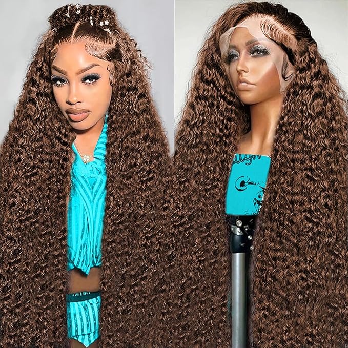 13x6 Deep Wave Lace Front Wigs Human Hair Chocolate Brown Deep Curly Human Hair Wig for Women 220% Density HD Lace Front Wet and Wavy Wigs Pre Plucked Brazilian Virgin Hair 28inch