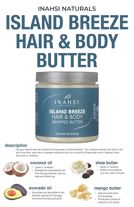 INAHSI Island Breeze Whipped Butter Nourishing for Curly Hair & Body in Men, Women & Kids | Made in the USA Hair Product, 8 oz