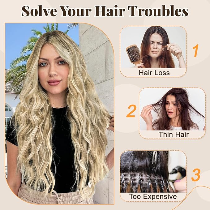 ALXNAN Clip in Long Wavy Synthetic Hair Extension 20 Inch Beach Blonde 4PCS Thick Hairpieces Fiber Double Weft Hair for Women