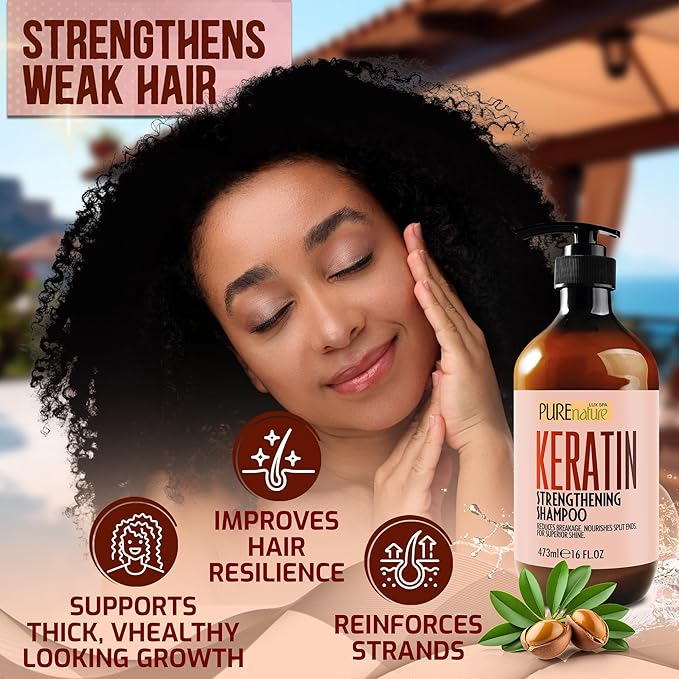 PURE NATURE LUX SPA Keratin Shampoo - Sulfate Free, Strengthening Formula - Repair Damaged and Dry Hair - Products for Women and Men - For Thinning Hair - 16 Fl Oz